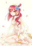  1girl barefoot bracelet breasts flower hair_flower hair_ornament jewelry long_hair looking_at_viewer magi_the_labyrinth_of_magic morgiana petals red_eyes red_sakura redhead sitting solo wariza 