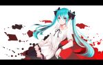  alternate_costume aqua_eyes aqua_hair black_legwear bow bracelet cpeilad hair_bow hatsune_miku iori_(cpeilad) jewelry letterboxed long_hair looking_at_viewer smile solo thigh-highs thighhighs twintails vocaloid white_background world_is_mine_(vocaloid) 