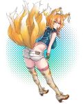  1girl adapted_costume alternate_costume animal_ears ass back blonde_hair bracelet food fox_ears fox_tail full_body jewelry looking_at_viewer looking_back mouth_hold multiple_tails no_hat no_headwear ofuda panzer polka_dot polka_dot_background shirt short_hair shorts simple_background sleeveless solo tail thigh-highs touhou white_legwear yakumo_ran yellow_eyes 