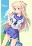  awaya_niki bag blonde_hair blue_eyes blush collarbone copyright_request ever_green food holding ice_cream long_hair sakura_neko school_bag school_uniform serafuku short_twintails skirt smile solo twintails two_side_up 