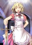  &gt;:o alternate_hairstyle apron blonde_hair breasts culter dress hand_on_hilt highres holding maid maid_headdress open_mouth short_hair solo sword touhou touhou_(pc-98) weapon yellow_eyes yumeko 