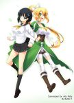  bike_shorts black_eyes black_hair blonde_hair breasts butter-t dual_persona green_eyes kirigaya_suguha large_breasts leafa locked_arms long_hair lyfa multiple_girls pointy_ears ponytail school_uniform serafuku short_hair sword_art_online thigh-highs thighhighs 