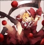  apple blonde_hair boots bow dated dress elly food fruit hat hat_bow highres long_hair open_mouth red_eyes scythe shouen_kigashi smile solo touhou touhou_(pc-98) 