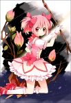  bow bow_(weapon) bubble_skirt choker flower gloves hair_bow kaname_madoka kneeling looking_at_viewer magical_girl mahou_shoujo_madoka_magica pink_hair red_eyes rose shichi short_hair skirt smile solo twintails weapon white_gloves 