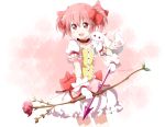  bow bow_(weapon) bubble_skirt flat_chest flower kaname_madoka kyubey looking_at_viewer magical_girl mahou_shoujo_madoka_magica open_mouth pink_eyes pink_hair rose smile tsurukou_(tksymkw) weapon 