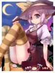 animal_ears candy candy_cane crescent_moon earrings hat hat_ribbon highres hoop_earrings jewelry lollipop moon mystia_lorelei pink_hair ribbon short_hair single_earring sitting smile solo striped striped_legwear swirl_lollipop thigh-highs thighhighs touhou wings witch_hat you_naka 