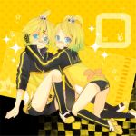 1girl blonde_hair blue_eyes brother_and_sister hair_ornament hairclip headset highres jacket kagamine_len kagamine_rin looking_at_viewer project_diva project_diva_f short_hair siblings smile stylish_energy_(vocaloid) suzushiro_haru vocaloid 