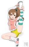  :d arms_up bare_shoulders blush brown_hair butterfly_hair_ornament chousoku_henkei_gyrozetter fukurokouji green_eyes hair_ornament inaba_rinne leg_up long_hair looking_at_viewer open_mouth ribbon_choker roller_shoes shorts side_ponytail single_thighhigh sitting smile solo stretch striped striped_legwear thigh-highs thighhighs 
