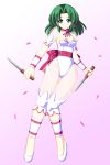  absurdres ankle_cuffs battle_arena_toshinden bloomers bow choker dagger dual_wielding earrings ellis_(battle_arena_toshinden) gradient gradient_background green_eyes green_hair highres jewelry leotard petals pink_background ribbon see-through shoes short_hair solo thigh_gap weapon white_background wrist_cuffs yakkey 