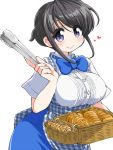  :&gt; bangs black_hair bread breasts food heart koubeya_uniform large_breasts naitou_kouse no_nose original short_hair simple_background smile solo tongs white_background 