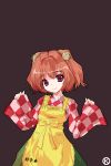  alphes_(style) apron bell checkered checkered_kimono checkered_shirt clothes_writing hair_bell hair_ornament jingle_bell kaoru_(gensou_yuugen-an) long_sleeves looking_at_viewer motoori_kosuzu parody pink_eyes pink_hair purple_background short_hair simple_background smile solo style_parody touhou twintails wide_sleeves 