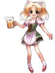  1girl alcohol animal_ears bar_maid beer blonde_hair blue_eyes blush cat_ears dirndl dress earrings fang highres jewelpet_(series) jewelpet_tinkle jewelry long_hair miria_marigold_mackenzie nyama open_mouth smile solo traditional_clothes twintails 
