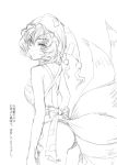  1girl apron fox_tail kuronuko_neero looking_at_viewer monochrome multiple_tails nearly_naked_apron panties short_hair simple_background solo tail touhou translation_request underwear white_background yakumo_ran 