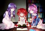  3girls apron bell blush book bow checkered glasses hair_bell hair_bow hair_ornament hairband japanese_clothes jingle_bell komeiji_satori long_hair long_sleeves motoori_kosuzu multiple_girls open_mouth patchouli_knowledge pink_eyes pink_hair purple_eyes purple_hair red_eyes red_hair redhead short_hair skirt smile third_eye touhou twintails uranaishi_(miraura) violet_eyes wide_sleeves 