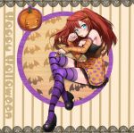  arm_warmers bat between_fingers blue_eyes blush breasts candy dress erubo hair_ornament halloween happy_halloween in_mouth long_hair mary_janes original pumpkin purple_hair red_hair redhead shoes sideboob solo thigh-highs thighhighs 