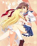  :d amae_koromo ass blonde_hair bottomless brown_hair dress flat_chest hairband hug kneehighs loafers long_hair miyanaga_saki multiple_girls open_mouth profile saki school_uniform serafuku shoes short_hair skirt smile sundress umekichi white_legwear 