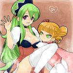 2girls bangs blunt_bangs blush breasts brown_hair choker cleavage crown dress drill_hair ecarlate_juptris_st._piria flower frown green_eyes green_hair hair_bun hair_flower hair_ornament headdress highres ixion_saga large_breasts long_hair maid_headdress mariandale open_mouth ponytail purple_eyes sitting smile thigh-highs thighhighs tmm6 tomochi trans very_long_hair violet_eyes waving white_legwear