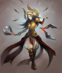  1girl alternate_costume blade boots dagger glowing greaves grey_hair hair_over_one_eye helmet irelia league_of_legends lips long_hair looking_at_viewer noa_ikeda simple_background solo standing weapon 