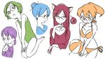  animal_ears ball beachball bikini cat_ears copyright_request eating fish_bone glasses hair_bun long_hair multiple_girls one-piece_swimsuit open_mouth profile short_hair swimsuit takken_(kupipo) thought_bubble twintails 