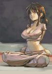  arms_behind_back aro_(charged_time_out) blue_eyes breasts brown_hair cleavage crossed_arms crossed_legs large_breasts legs_crossed lotus_position midriff original ponytail short_hair short_ponytail sitting smile solo yoga 