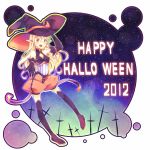  2012 blonde_hair blue_background elbow_gloves gloves halloween happy_halloween hat hude-pen long_hair original pointy_ears solo thigh-highs thighhighs witch_hat yellow_eyes 