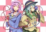  blue_hair blush checkered checkered_background ginko_(nico) green_eyes hairband hat heart heart_of_string komeiji_koishi komeiji_satori multiple_girls pink_eyes purple_hair short_hair siblings sisters third_eye touhou wink 