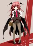  bat_wings black_legwear book cross demon_wings dress_shirt fang hand_on_hip head_wings high_heels holding holding_book inverted_cross kanoe koakuma large_wings long_hair long_sleeves low_wings necktie pantyhose red_eyes red_hair redhead shirt shoes simple_background skirt skirt_set slit_pupils solo touhou very_long_hair vest white_shirt wings 