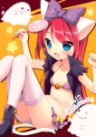  2012 :d animal_ears bikini_top blue_eyes blush bow candy cat_ears cat_tail collarbone fang ghost hair_bow halloween holding lollipop long_hair open_mouth original red_hair redhead sitting skirt smile solo star swirl_lollipop tail thigh-highs thighhighs usashiro_mani white_legwear 