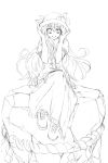 food fruit hands_on_hat hat hinanawi_tenshi kabaji lineart long_hair looking_at_viewer monochrome peach short_sleeves sitting sitting_on_rock skirt smile solo touhou