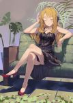  absurdres blonde_hair closed_eyes couch crossed_legs digital_media_player dress eyes_closed headphones high_heels highres holding hoshii_miki idolmaster legs_crossed long_hair shinjiro shoes sitting solo 