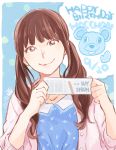  1girl brown_eyes brown_hair happy_birthday horie_yui original peg real_life seiyuu smile solo ticket twintails 