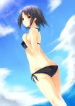  ass bare bikini black_bikini black_hair blue_sky dutch_angle hand_on_own_chest kinta_(distortion) lens_flare looking_back original red_eyes short_hair side-tie_bikini sky solo swimsuit wet 