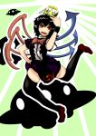  asymmetrical_wings black_hair bowtie character_name crown dress flying_saucer hand_on_hip highres houjuu_nue looking_at_viewer open_mouth red_eyes short_hair skirt smile solo space_craft thigh-highs thighhighs touhou ufo wings yaruku 