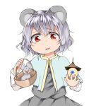  animal_ears basket capelet dress gem grey_dress grey_hair jeweled_pagoda jewelry long_sleeves looking_at_viewer mouse mouse_ears nanana_(chicken_union) nazrin necklace open_mouth pendant red_eyes short_hair smile solo touhou 