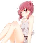  bare_shoulders blush collarbone dress highres kurean magi_the_labyrinth_of_magic morgiana red_eyes red_hair redhead short_hair side_ponytail simple_background sitting solo white_background 