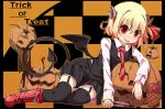  bat_wings black_legwear blonde_hair blush boots breasts checkered checkered_background chocolate demon_tail garter_straps hair_ribbon halloween highres horns jack-o&#039;-lantern jack-o'-lantern jpeg_artifacts looking_at_viewer necktie outline red_eyes revision ribbon rumia shamo_(koumakantv) skirt solo tail thigh-highs thighhighs tongue tongue_out touhou trick_or_treat wings 
