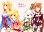  akane_(naomi) animal_ears aoi_(naomi) bare_shoulders black_legwear blonde_hair blue_eyes blush bow breasts brown_hair cat_ears cat_tail cleavage fox_ears fox_tail green_eyes hair_bow heart highres hits long_hair multiple_girls naomi_(sekai_no_hate_no_kissaten) neko_(naomi) original plaid plaid_background red_eyes shizuku_(naomi) skirt smile tail thighhighs white_hair white_legwear yellow_eyes 