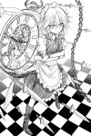  braid chain chains crossed_arms flask_(pandora) high_heels highres izayoi_sakuya knife looking_at_viewer maid maid_headdress monochrome open_mouth pocket_watch shoes solo touhou twin_braids watch 