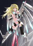 blonde_hair blue_eyes breasts dangan-cat dangan_neko long_hair mecha_musume navel original polearm solo spear weapon wings 