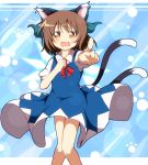  animal_ears blue_dress blush bow brown_eyes brown_hair cat_ears cat_tail chen cirno cirno_(cosplay) cosplay do_(4-rt) dress fang hair_bow highres looking_at_viewer multiple_tails open_mouth paw_print pointing pointing_at_viewer puffy_sleeves shirt short_hair short_sleeves solo sweatdrop tail touhou wavy_mouth 