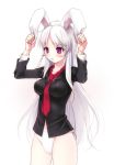  1girl alternate_costume alternate_hair_color animal_ears blush breasts bunny_tail dress_shirt ichiro_yoshizumi impossible_clothes large_breasts long_hair necktie no_pants panties rabbit_ears reisen_udongein_inaba shirt silver_hair simple_background solo tail touhou underwear very_long_hair violet_eyes white_background white_hair white_panties 