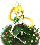  armor blonde_hair boots braid breasts butterfly choker cleavage corset dress flower green_eyes highres large_breasts leafa leefa long_hair mocoushi pointy_ears ponytail solo sword sword_art_online weapon 
