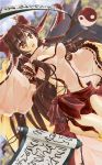  adapted_costume alternate_costume ball blush bow breasts brown_eyes brown_hair cleavage hair_bow hair_tubes hakurei_reimu highres large_breasts long_hair looking_at_viewer open_mouth scroll sesield side_slit sleeves_past_wrists smile solo touhou wide_sleeves yin-yang_orb yin_yang 