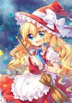  :d alternate_color apron ascot blonde_hair blue_eyes bow broom hair_bow hat hat_ribbon holding kirisame_marisa long_hair open_mouth pf ribbon smile solo star touhou waist_apron witch_hat wrist_cuffs 