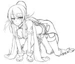  all_fours blush breasts flask_(pandora) highres judith looking_at_viewer monochrome pointy_ears simple_background smile solo tales_of_(series) tales_of_vesperia white_background 