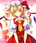 ascot blonde_hair breasts dress flandre_scarlet flat_gaze fuuna_(conclusion) hat red_dress red_eyes short_hair sideboob smile solo touhou wings 