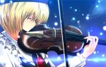  blonde_hair bow_(instrument) brooch bust closed_eyes eyes_closed hat highres instrument jewelry lights long_sleeves lunasa_prismriver nekominase playing_instrument shirt short_hair solo touhou vest violin 