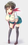  1girl asuka_(senran_kagura) black_legwear breasts brown_eyes brown_hair grey_background huge_breasts leaning_forward miyai_max parted_lips scarf senran_kagura short_hair solo thighhighs 