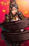  anarchy_reigns bayonetta bayonetta_(character) bdsm black_hair blush bondage breasts cleavage cleavage_cutout glasses green_eyes hair_ribbon heart hearts highres lips lipstick makeup max_anarchy out_of_character ribbon sega solo take_(draghignazzo) tire tires trapped 