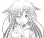  copyright_request flask_(pandora) highres long_hair looking_at_viewer monochrome smile solo 